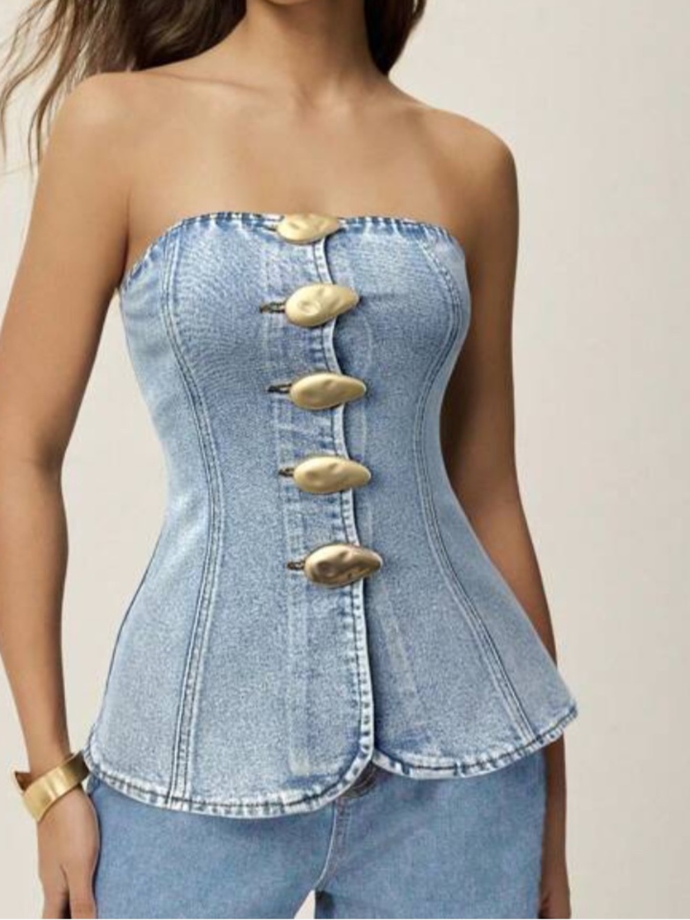 SHEIN Light Blue Denim Strapless Corset Top with Gold Buttons